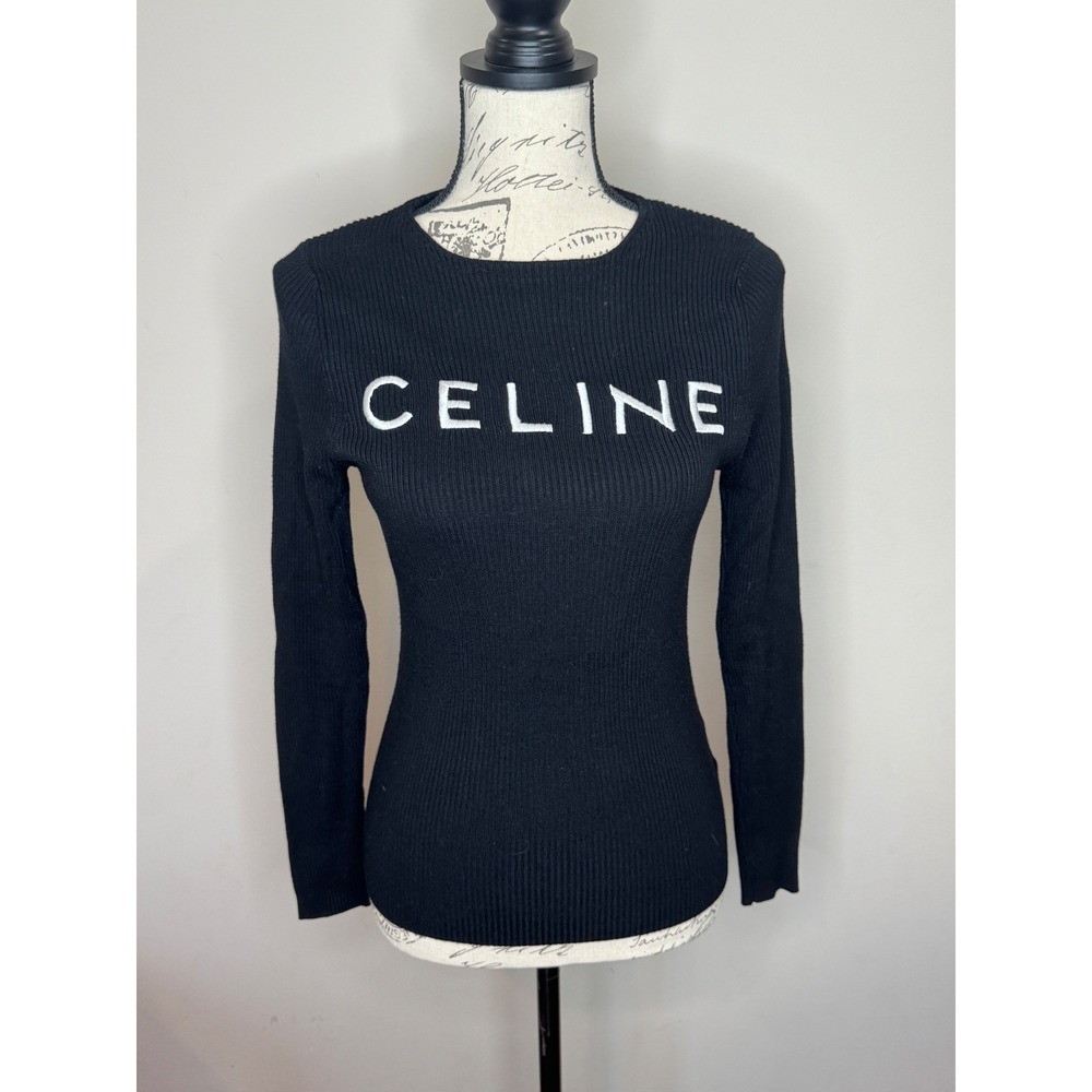 Celine Ribbed Long Sleeve Top Sweater Sz S Black Embroidered Logo Cotton Wool